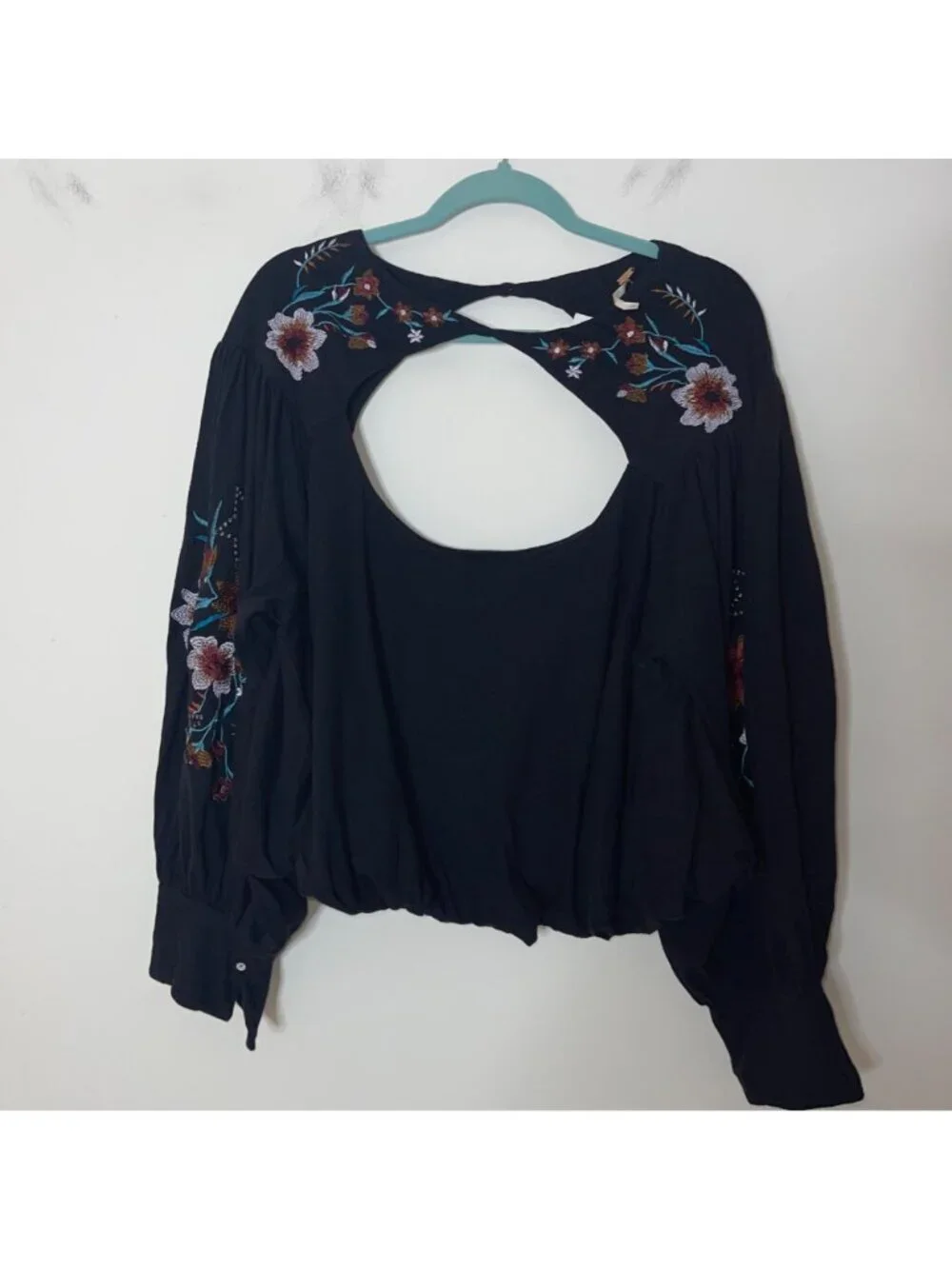 Free People Womens Lita Embroidered Top Size L Black Cut Out Bubble Hem New